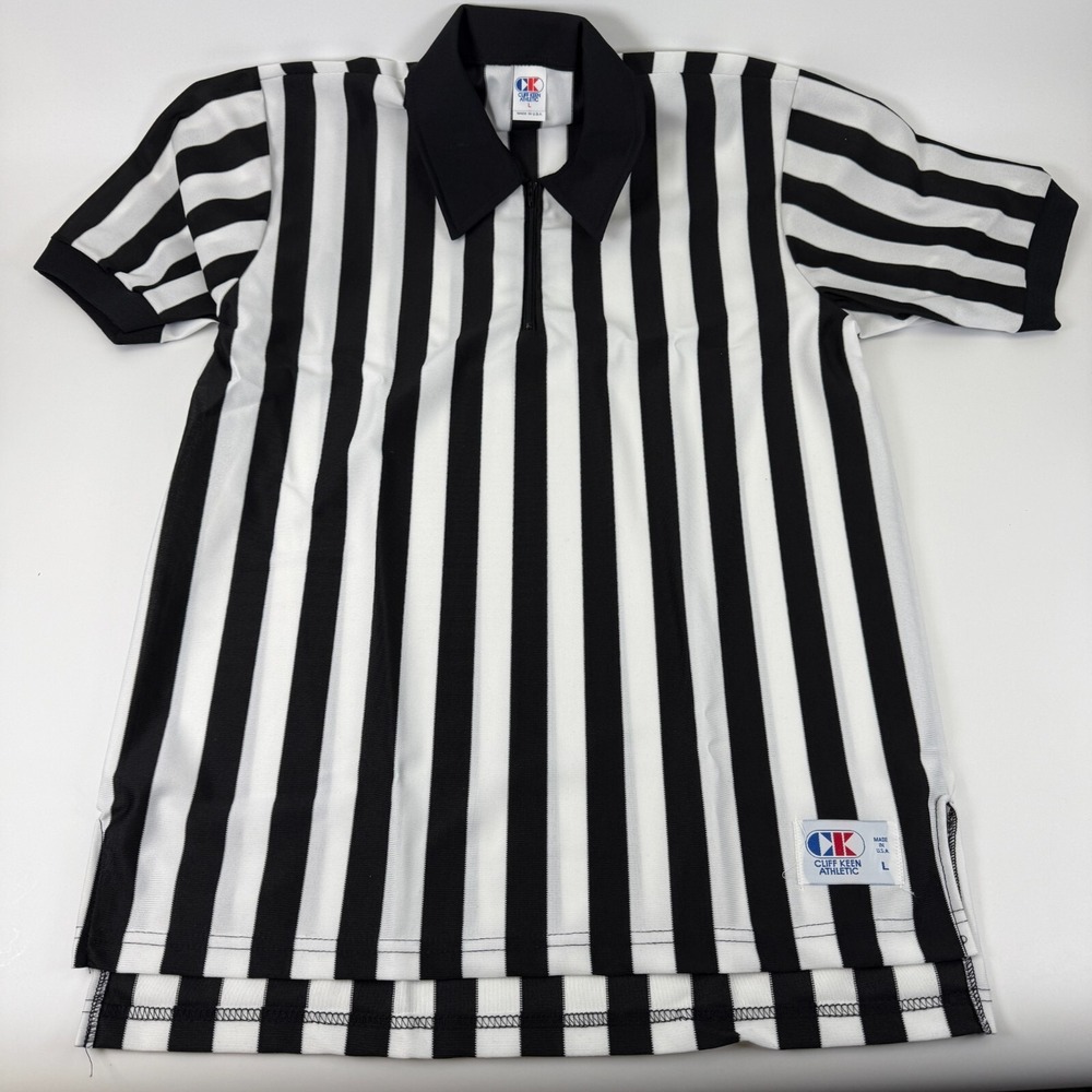 Vintage Cliff Keen Referee Polo Men L Black White Stripe Zip Official‎ NOS